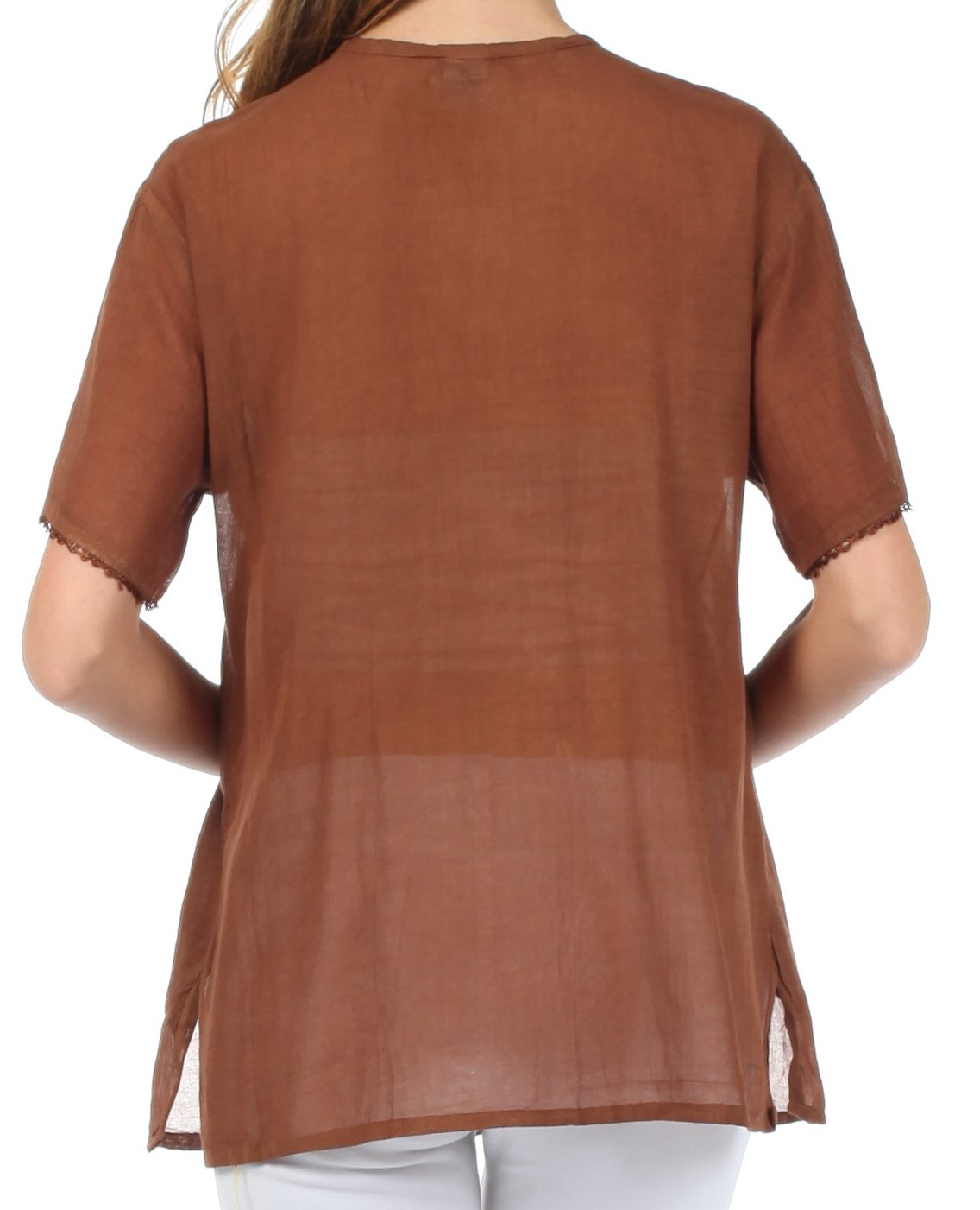 Sakkas Button Down Embroidered Short Sleeve Semi-Sheer Gauzy Cotton Top / Blouse - Concordia Style Boutique