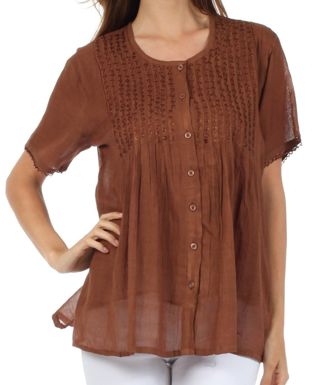 Sakkas Button Down Embroidered Short Sleeve Semi-Sheer Gauzy Cotton Top / Blouse - Concordia Style Boutique