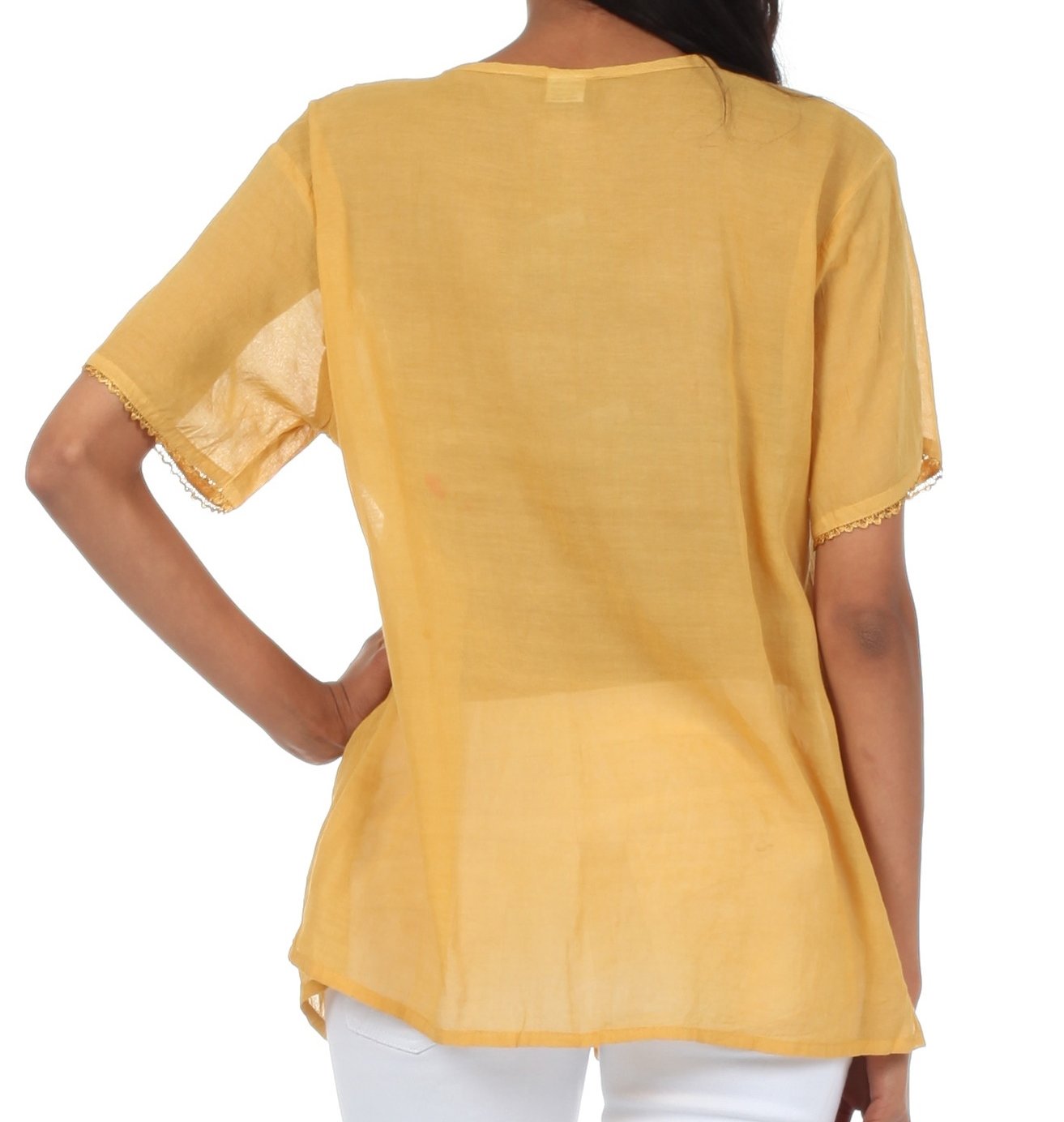Sakkas Button Down Embroidered Short Sleeve Semi-Sheer Gauzy Cotton Top / Blouse - Concordia Style Boutique