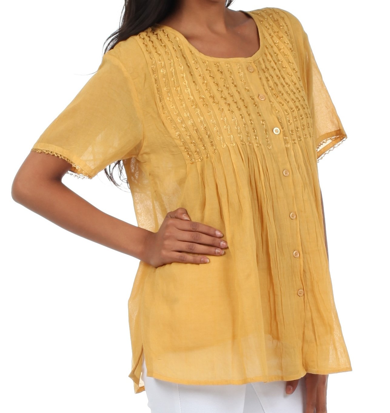 Sakkas Button Down Embroidered Short Sleeve Semi-Sheer Gauzy Cotton Top / Blouse - Concordia Style Boutique