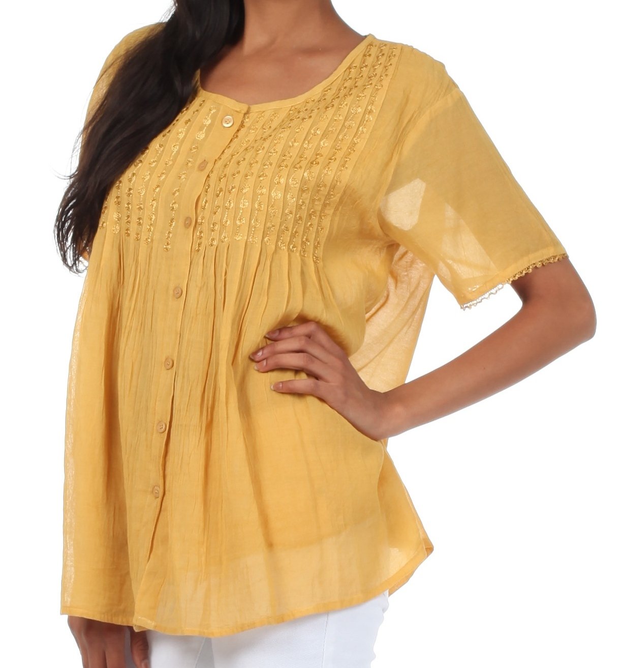 Sakkas Button Down Embroidered Short Sleeve Semi-Sheer Gauzy Cotton Top / Blouse - Concordia Style Boutique