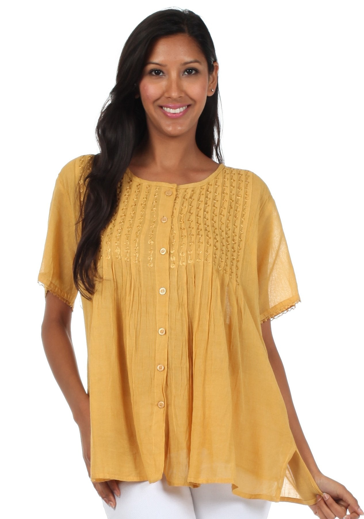 Sakkas Button Down Embroidered Short Sleeve Semi-Sheer Gauzy Cotton Top / Blouse - Concordia Style Boutique