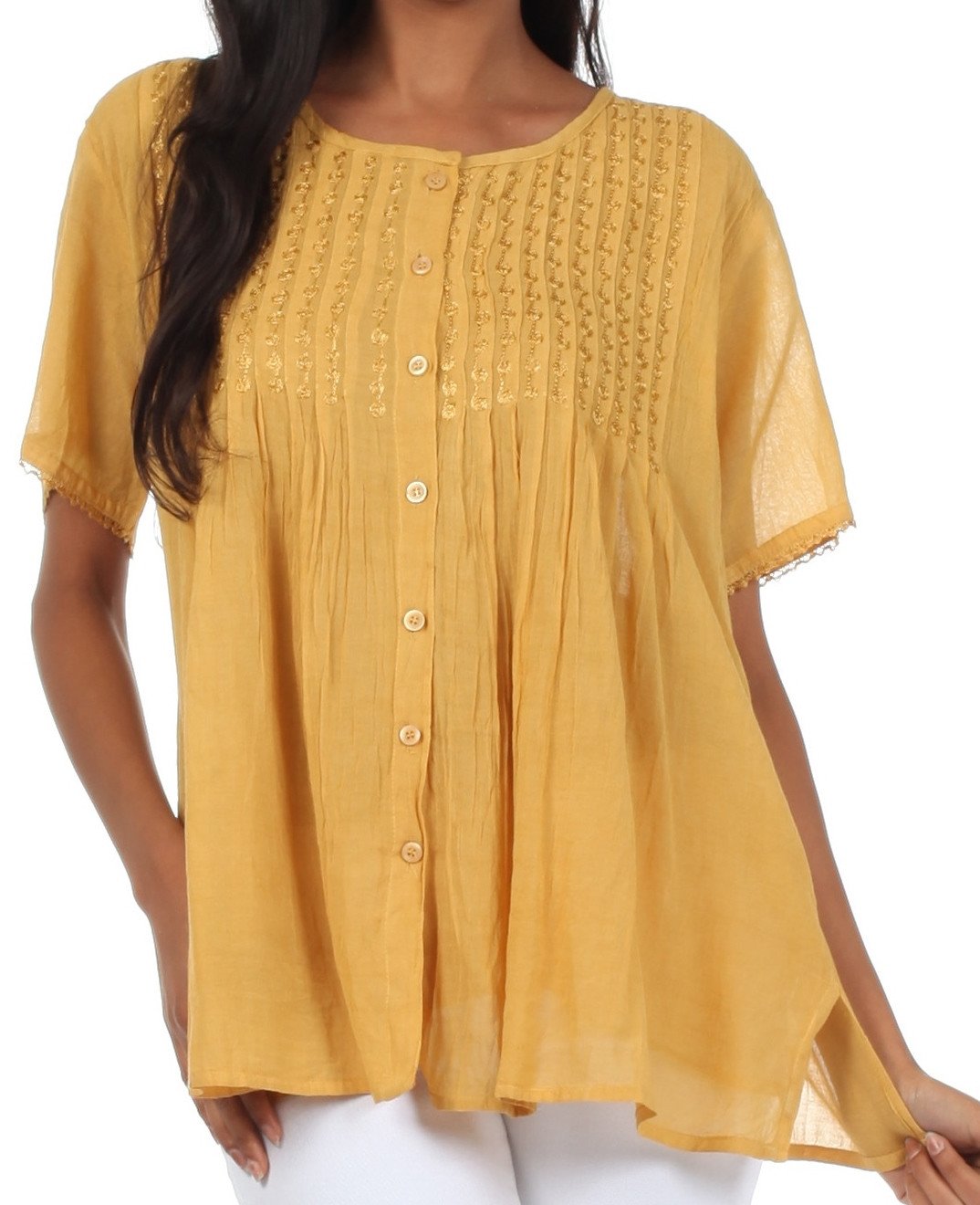 Sakkas Button Down Embroidered Short Sleeve Semi-Sheer Gauzy Cotton Top / Blouse - Concordia Style Boutique