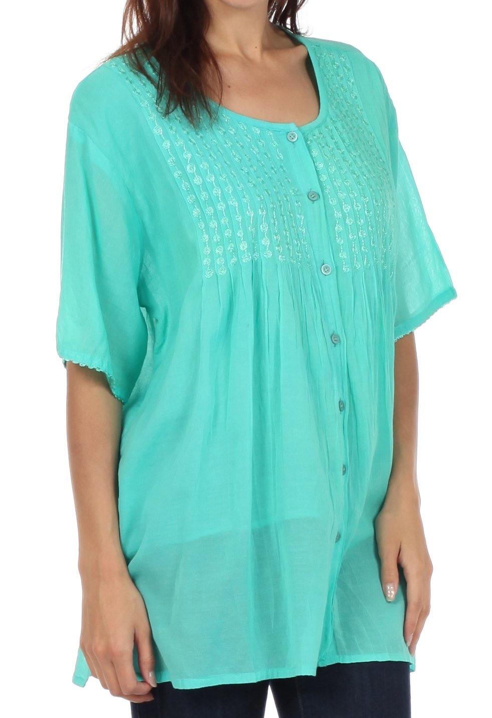 Sakkas Button Down Embroidered Short Sleeve Semi-Sheer Gauzy Cotton Top / Blouse - Concordia Style Boutique