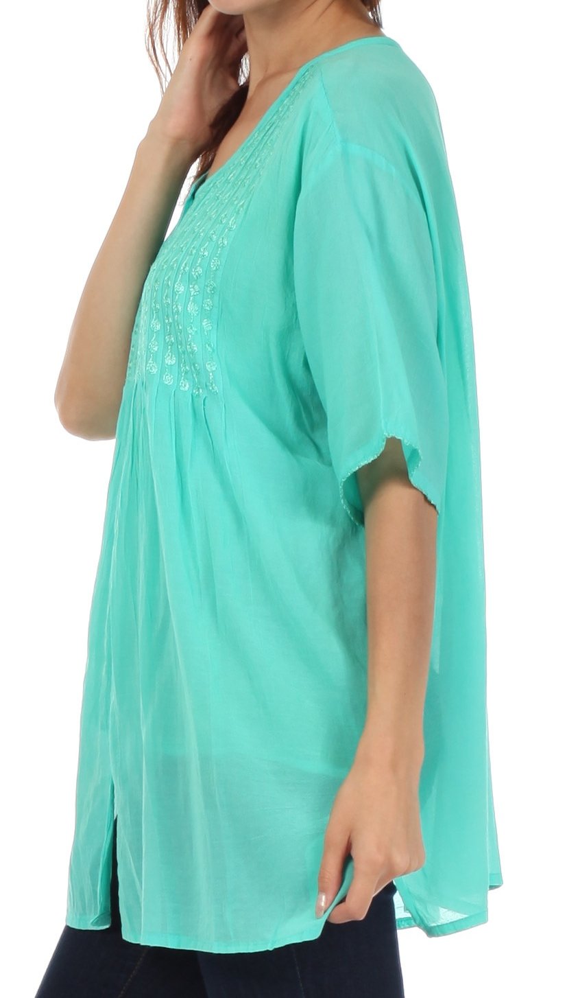 Sakkas Button Down Embroidered Short Sleeve Semi-Sheer Gauzy Cotton Top / Blouse - Concordia Style Boutique