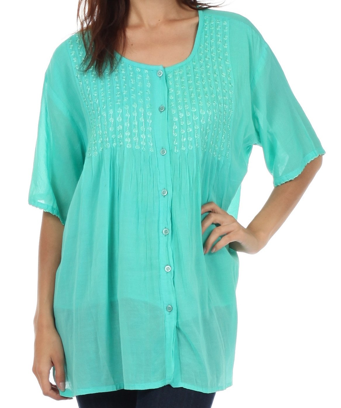 Sakkas Button Down Embroidered Short Sleeve Semi-Sheer Gauzy Cotton Top / Blouse - Concordia Style Boutique