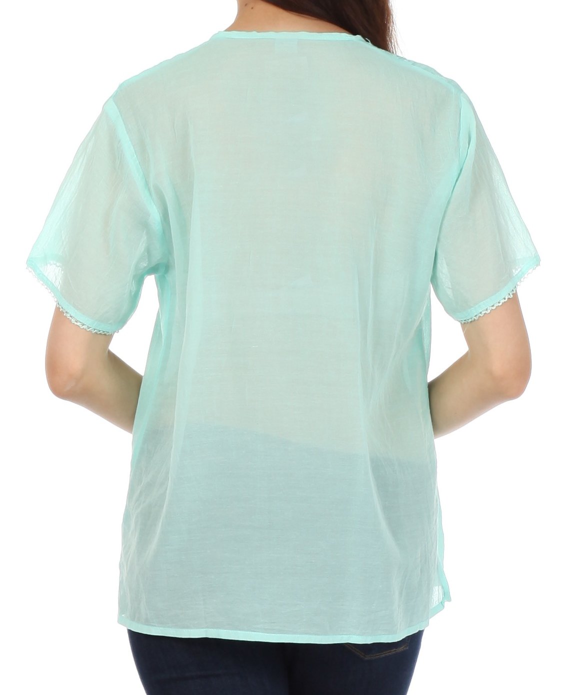 Sakkas Button Down Embroidered Short Sleeve Semi-Sheer Gauzy Cotton Top / Blouse - Concordia Style Boutique