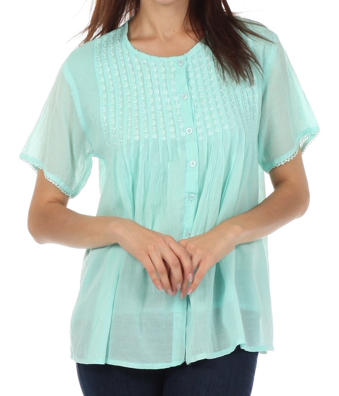 Sakkas Button Down Embroidered Short Sleeve Semi-Sheer Gauzy Cotton Top / Blouse - Concordia Style Boutique