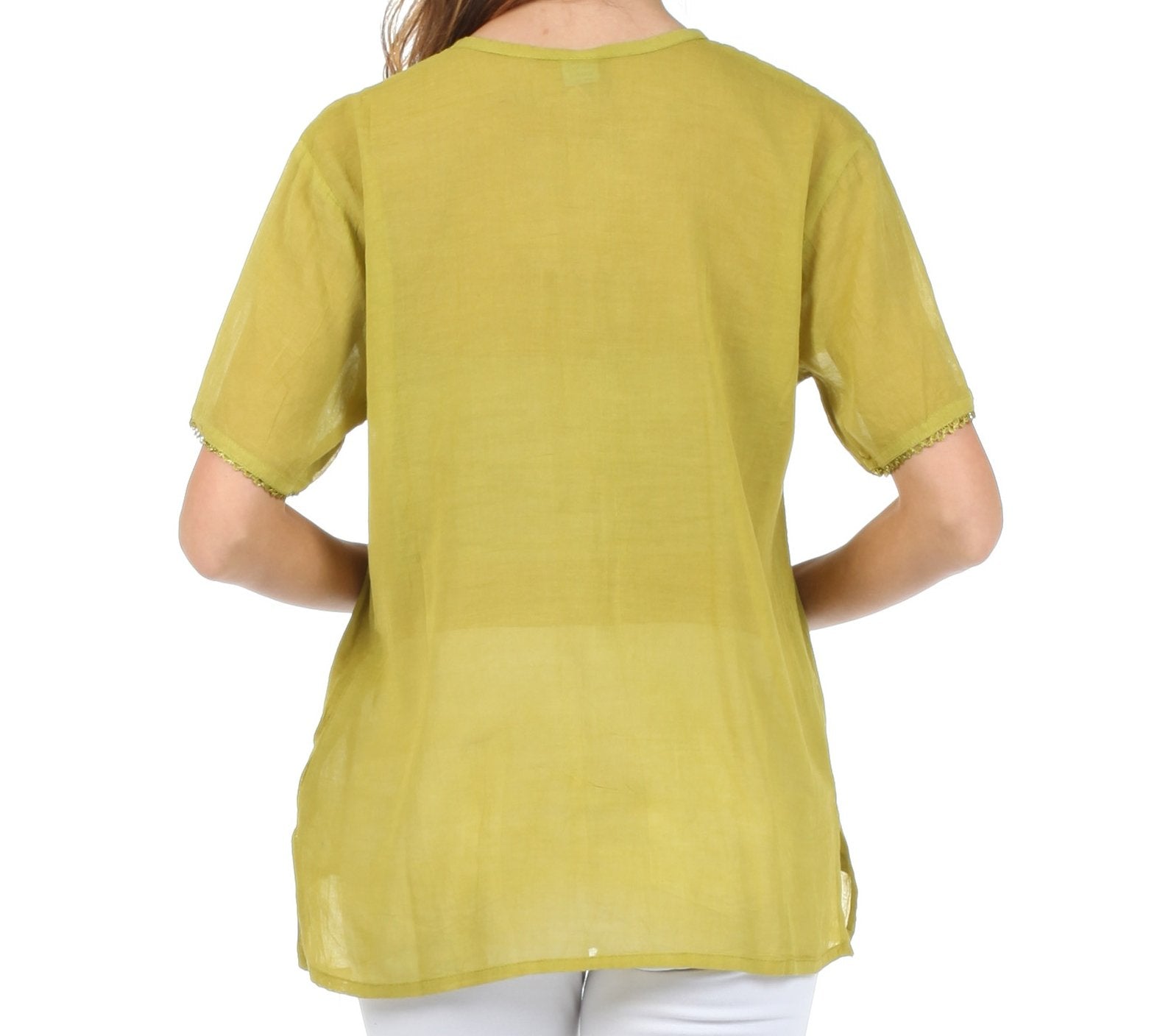 Sakkas Button Down Embroidered Short Sleeve Semi-Sheer Gauzy Cotton Top / Blouse - Concordia Style Boutique
