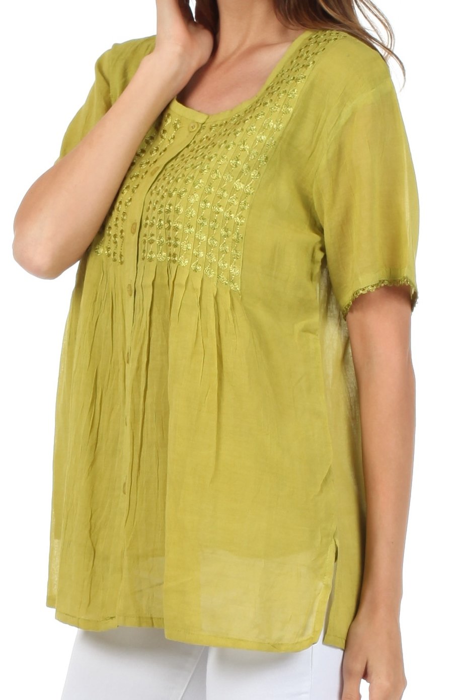 Sakkas Button Down Embroidered Short Sleeve Semi-Sheer Gauzy Cotton Top / Blouse - Concordia Style Boutique