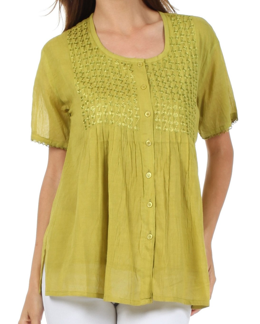 Sakkas Button Down Embroidered Short Sleeve Semi-Sheer Gauzy Cotton Top / Blouse - Concordia Style Boutique