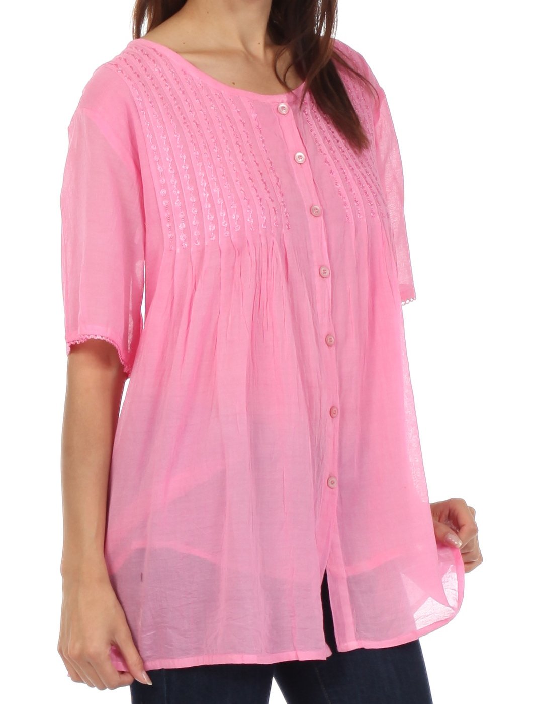 Sakkas Button Down Embroidered Short Sleeve Semi-Sheer Gauzy Cotton Top / Blouse - Concordia Style Boutique