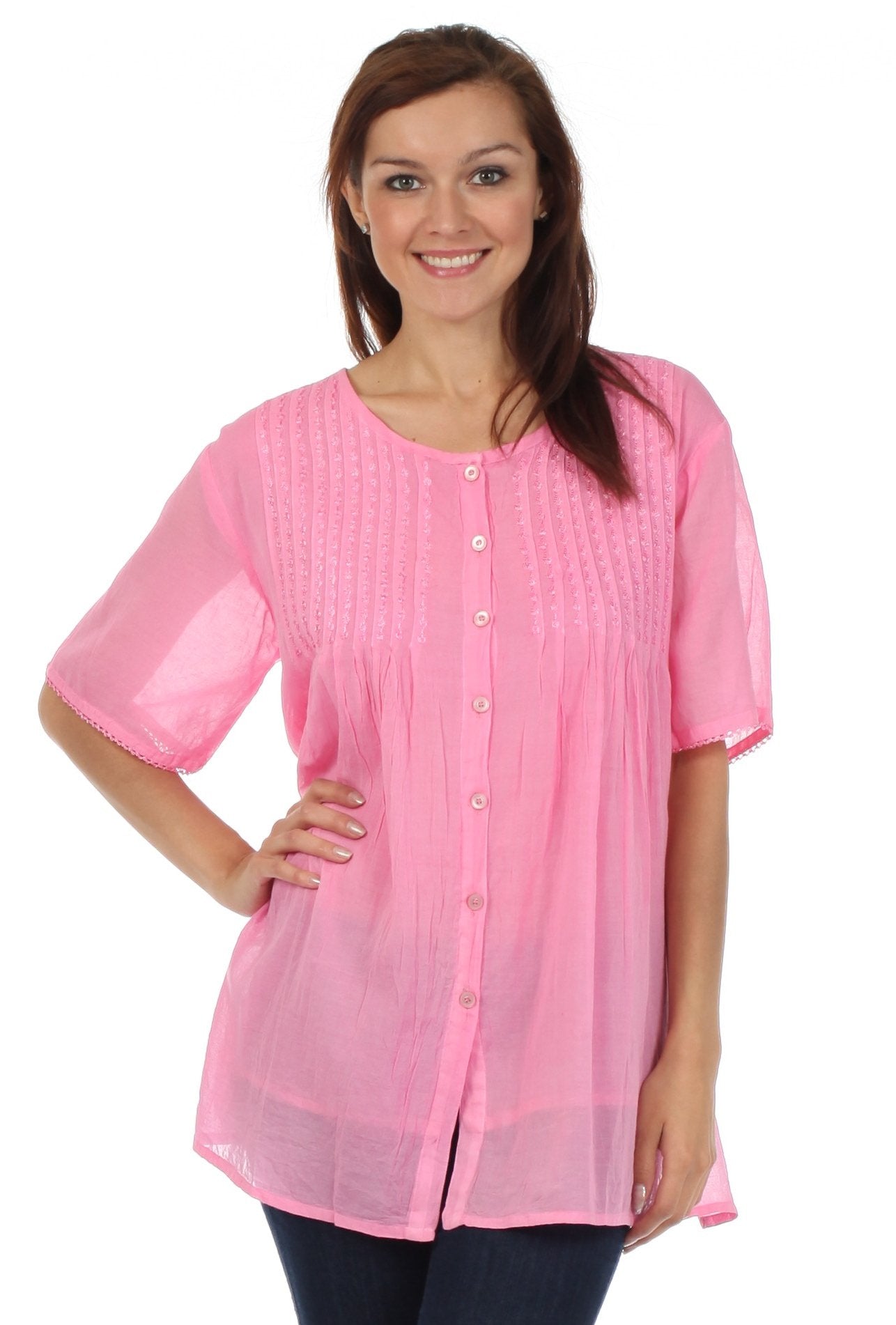 Sakkas Button Down Embroidered Short Sleeve Semi-Sheer Gauzy Cotton Top / Blouse - Concordia Style Boutique