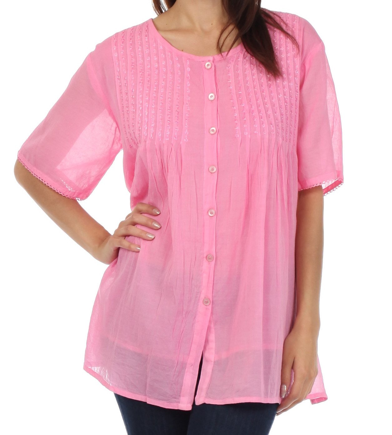 Sakkas Button Down Embroidered Short Sleeve Semi-Sheer Gauzy Cotton Top / Blouse - Concordia Style Boutique