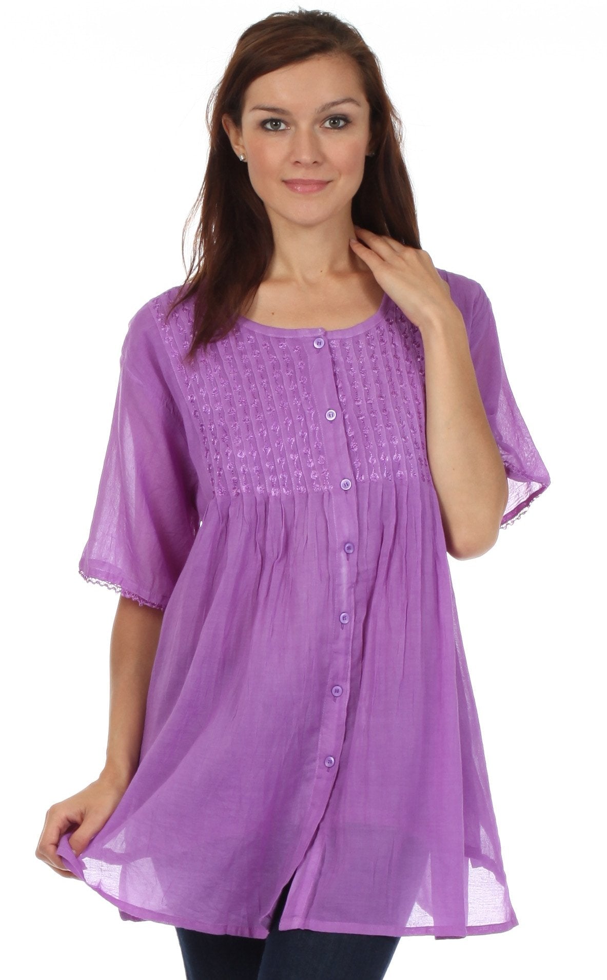 Sakkas Button Down Embroidered Short Sleeve Semi-Sheer Gauzy Cotton Top / Blouse - Concordia Style Boutique