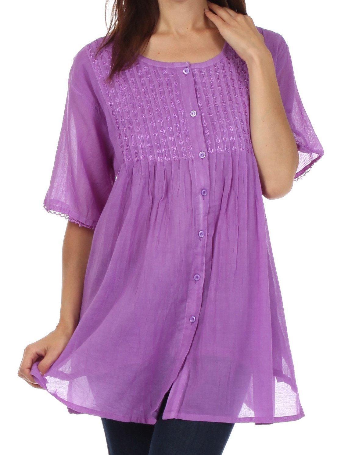 Sakkas Button Down Embroidered Short Sleeve Semi-Sheer Gauzy Cotton Top / Blouse - Concordia Style Boutique