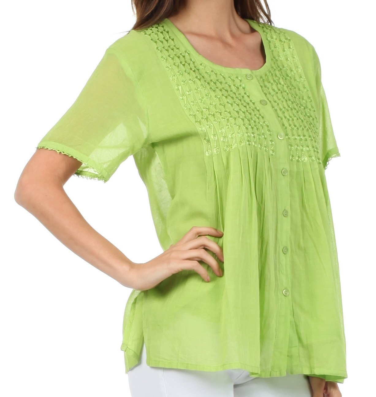 Sakkas Button Down Embroidered Short Sleeve Semi-Sheer Gauzy Cotton Top / Blouse - Concordia Style Boutique