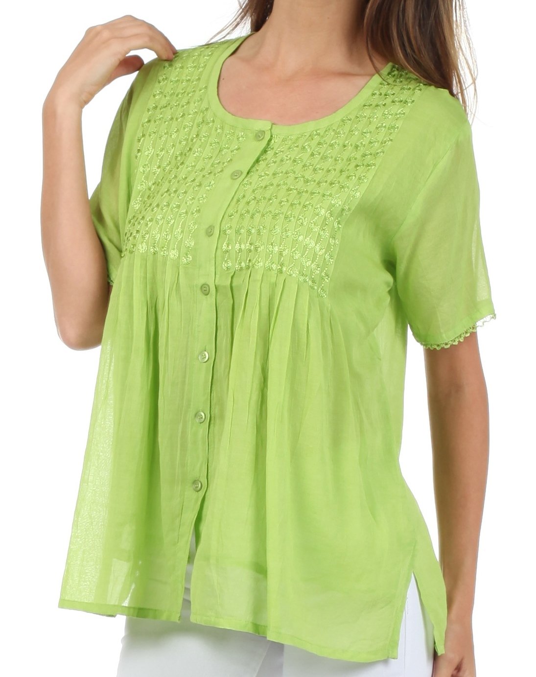 Sakkas Button Down Embroidered Short Sleeve Semi-Sheer Gauzy Cotton Top / Blouse - Concordia Style Boutique