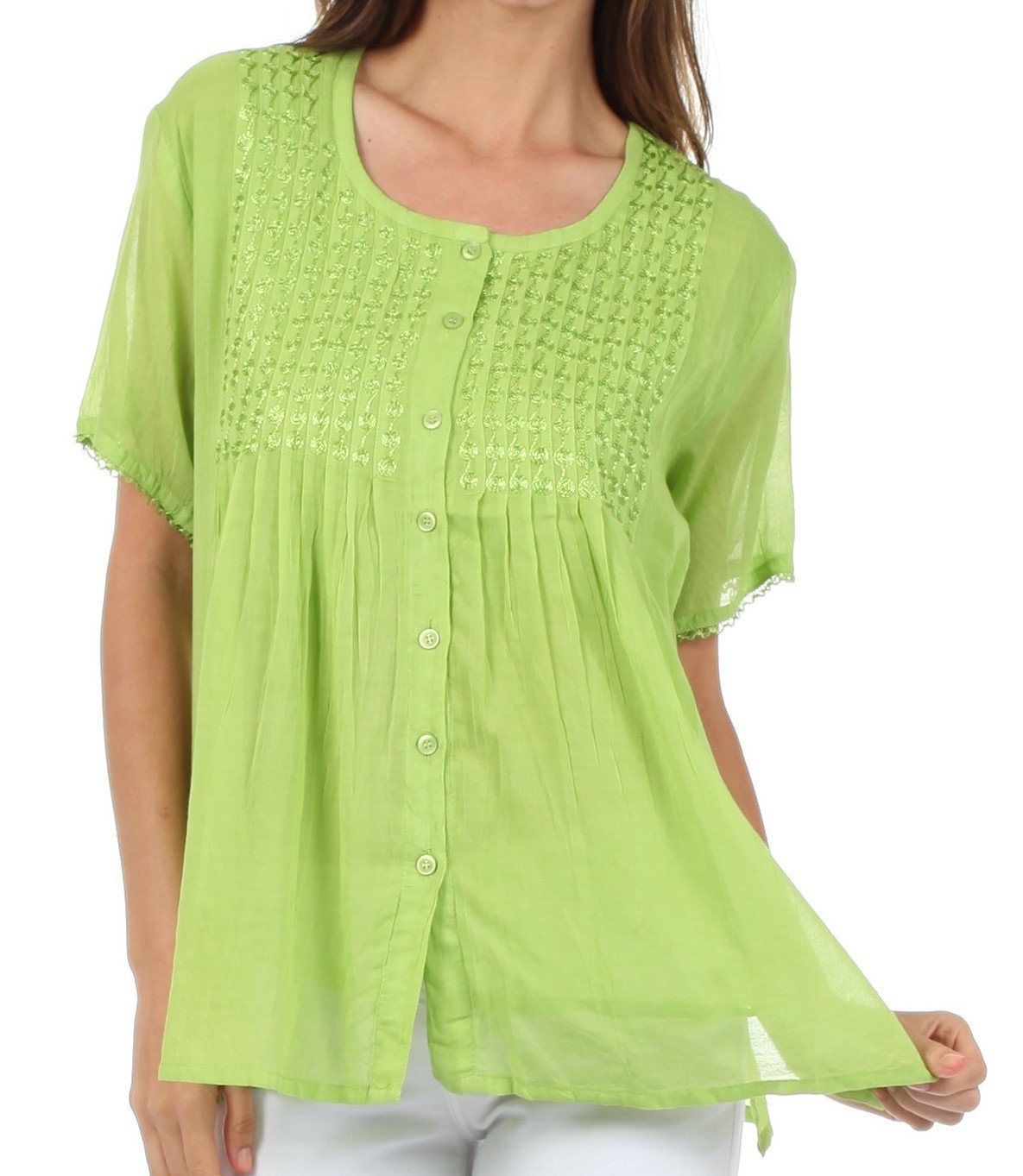 Sakkas Button Down Embroidered Short Sleeve Semi-Sheer Gauzy Cotton Top / Blouse - Concordia Style Boutique