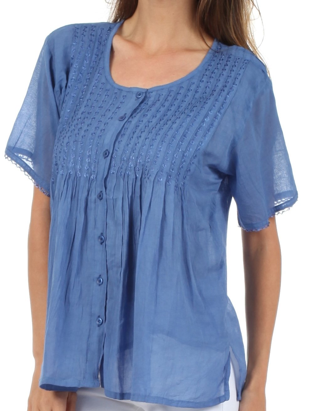 Sakkas Button Down Embroidered Short Sleeve Semi-Sheer Gauzy Cotton Top / Blouse - Concordia Style Boutique