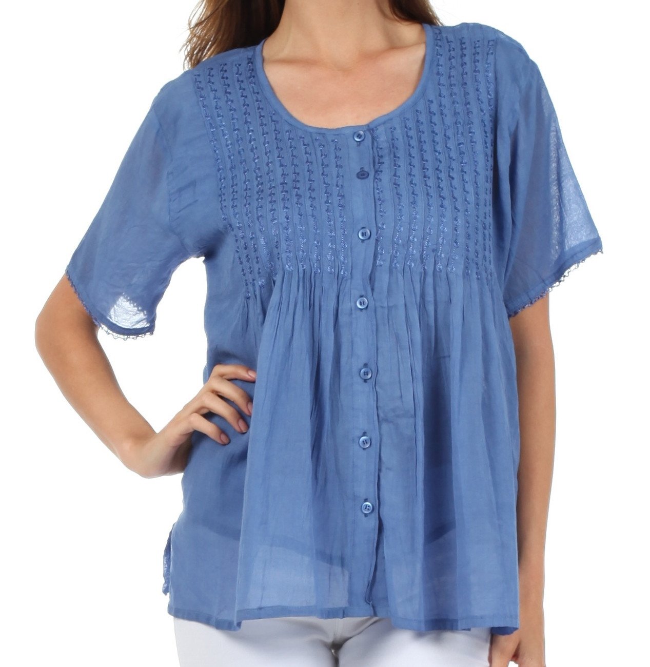 Sakkas Button Down Embroidered Short Sleeve Semi-Sheer Gauzy Cotton Top / Blouse - Concordia Style Boutique