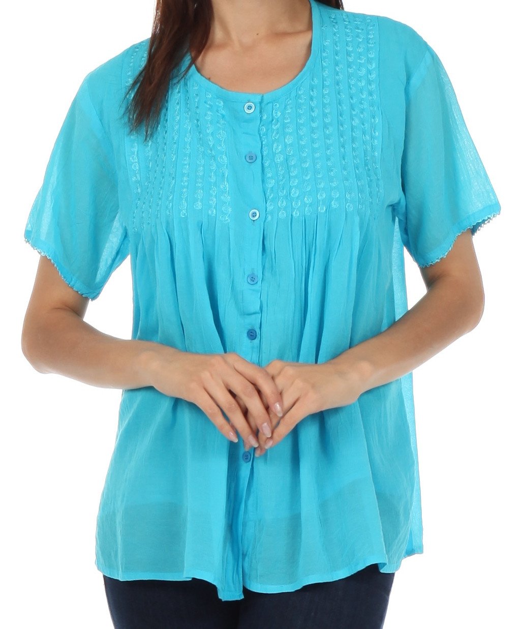 Sakkas Button Down Embroidered Short Sleeve Semi-Sheer Gauzy Cotton Top / Blouse - Concordia Style Boutique