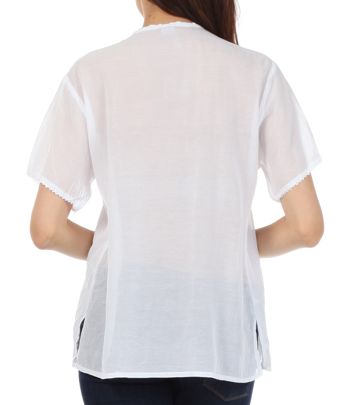 Sakkas Button Down Embroidered Short Sleeve Semi-Sheer Gauzy Cotton Top / Blouse - Concordia Style Boutique
