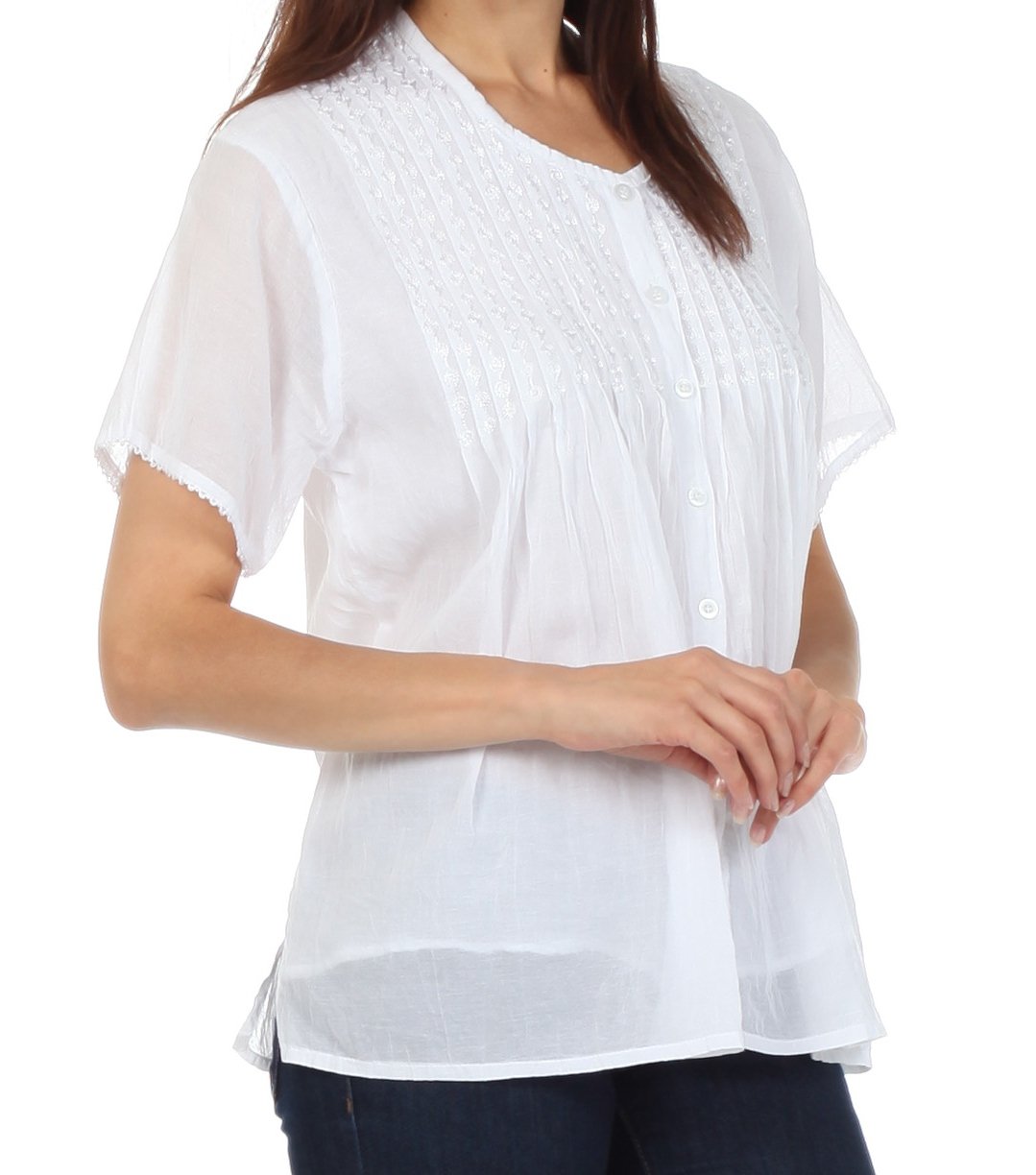 Sakkas Button Down Embroidered Short Sleeve Semi-Sheer Gauzy Cotton Top / Blouse - Concordia Style Boutique