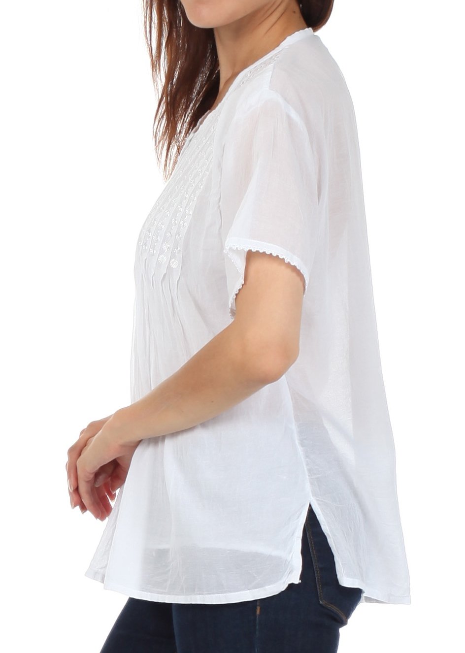 Sakkas Button Down Embroidered Short Sleeve Semi-Sheer Gauzy Cotton Top / Blouse - Concordia Style Boutique