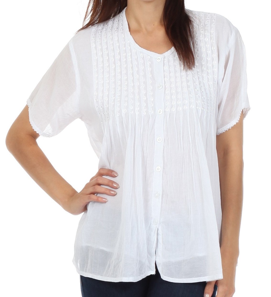 Sakkas Button Down Embroidered Short Sleeve Semi-Sheer Gauzy Cotton Top / Blouse - Concordia Style Boutique