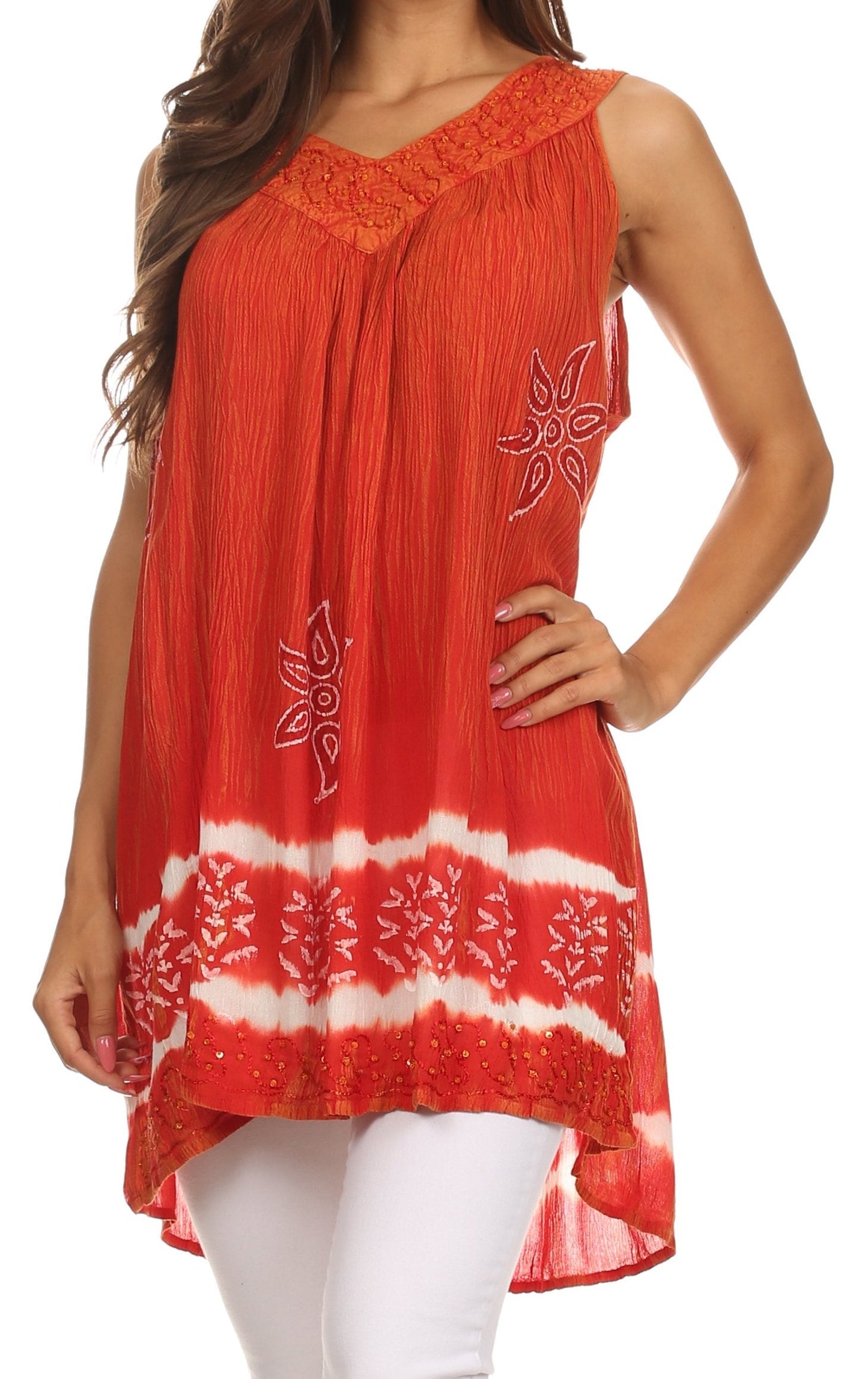 Sakkas Ruth Sequin Embroidered Batik Relaxed Fit Sleeveless V-Neck Top - Concordia Style Boutique