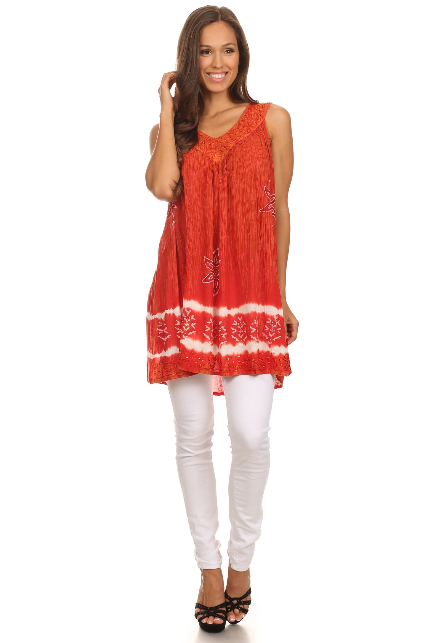 Sakkas Ruth Sequin Embroidered Batik Relaxed Fit Sleeveless V-Neck Top - Concordia Style Boutique
