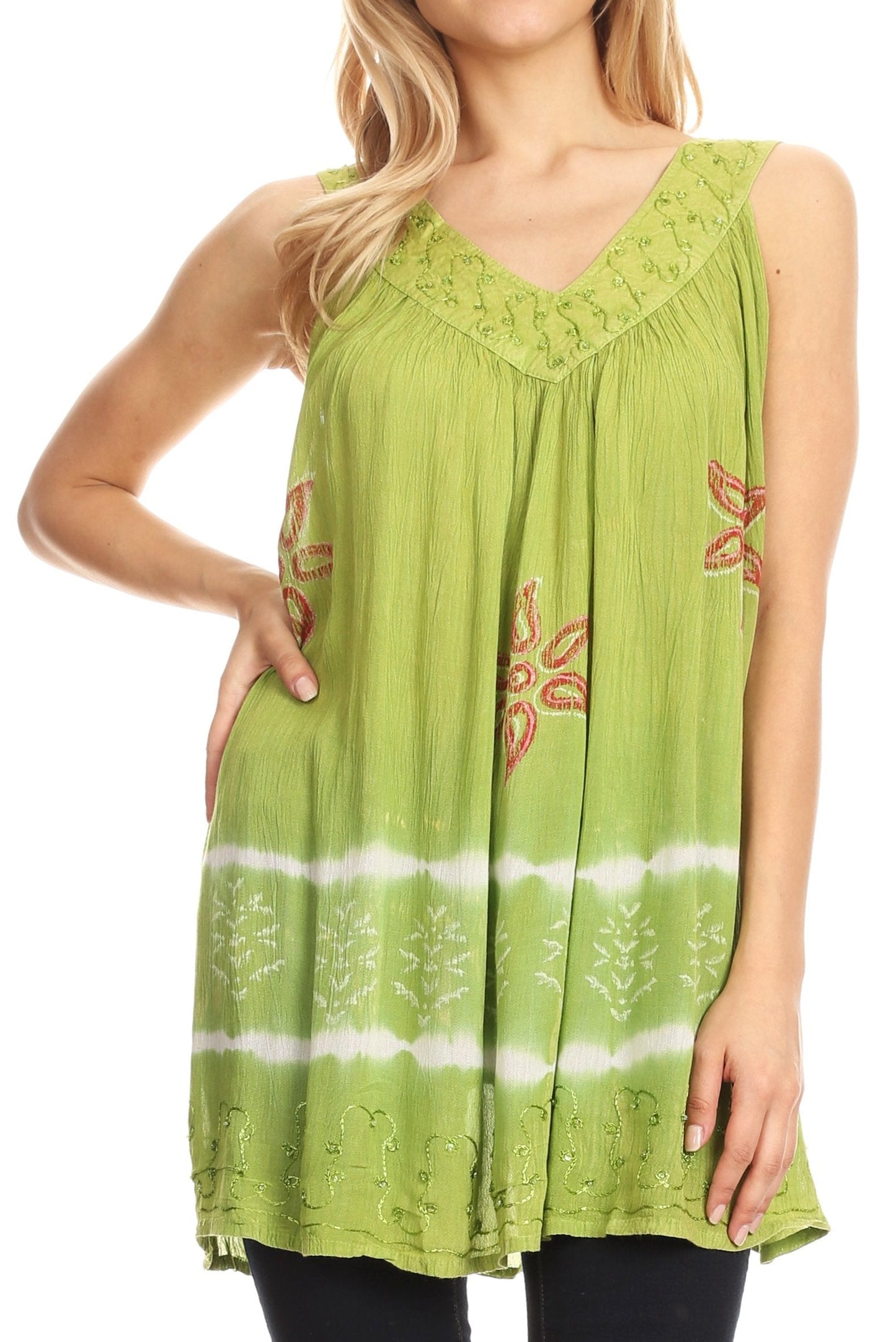 Sakkas Ruth Sequin Embroidered Batik Relaxed Fit Sleeveless V-Neck Top - Concordia Style Boutique
