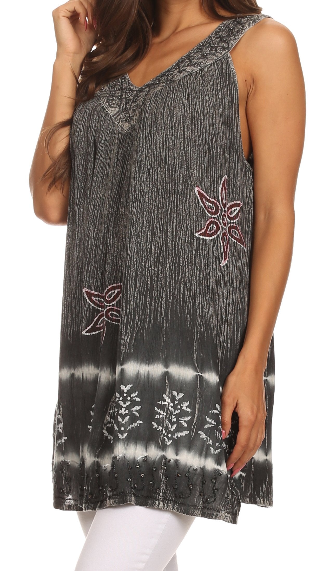 Sakkas Ruth Sequin Embroidered Batik Relaxed Fit Sleeveless V-Neck Top - Concordia Style Boutique