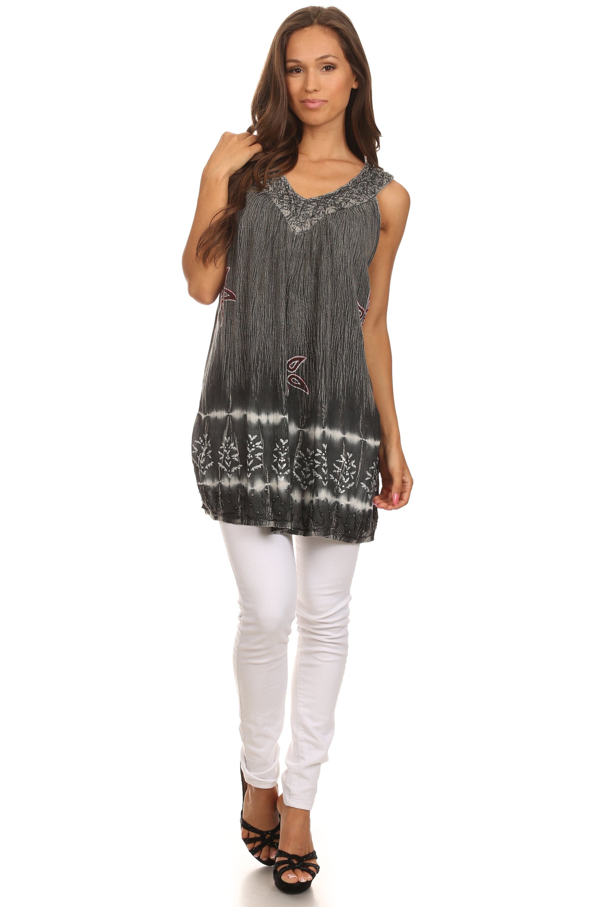 Sakkas Ruth Sequin Embroidered Batik Relaxed Fit Sleeveless V-Neck Top - Concordia Style Boutique