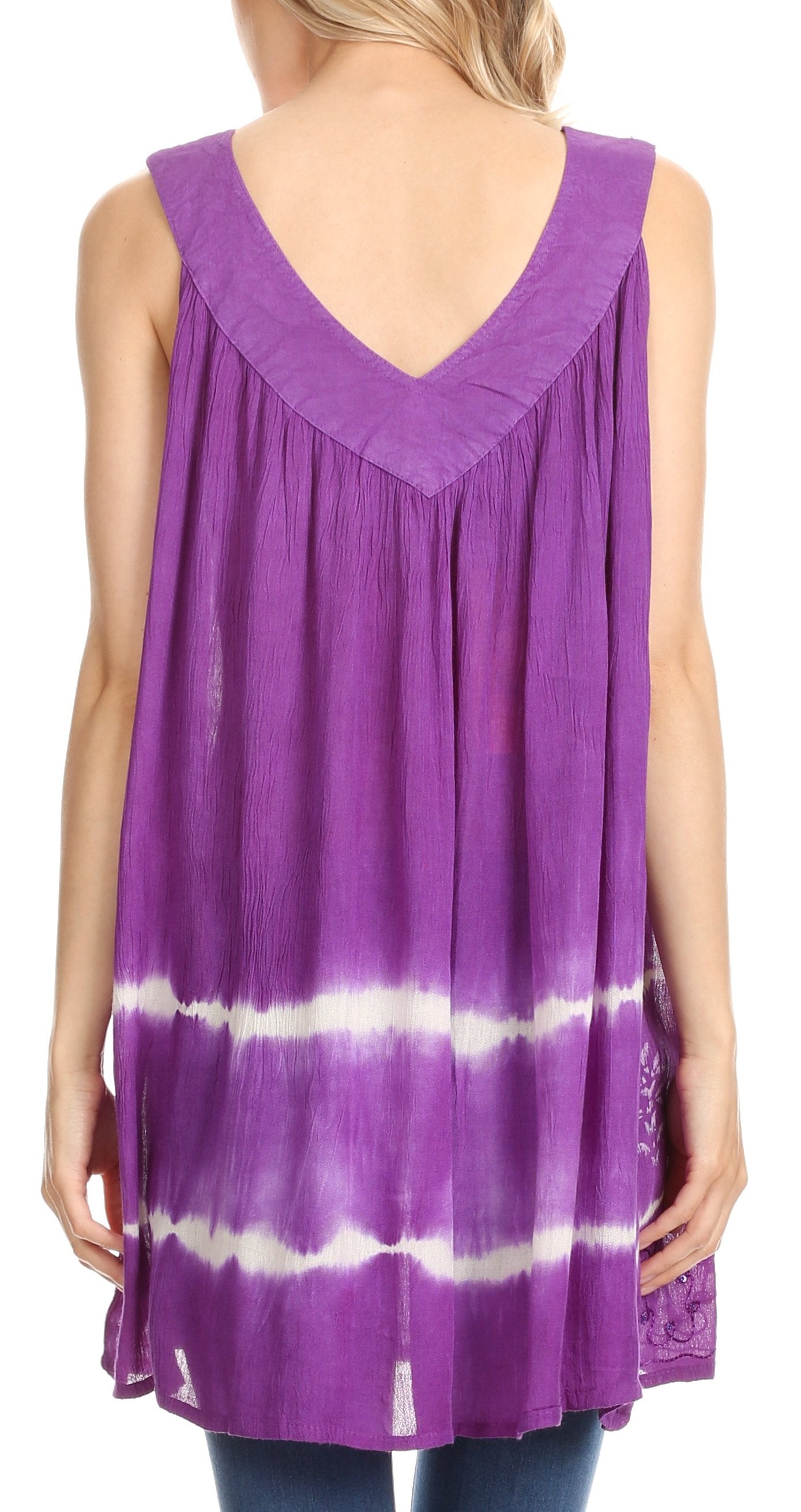 Sakkas Ruth Sequin Embroidered Batik Relaxed Fit Sleeveless V-Neck Top - Concordia Style Boutique