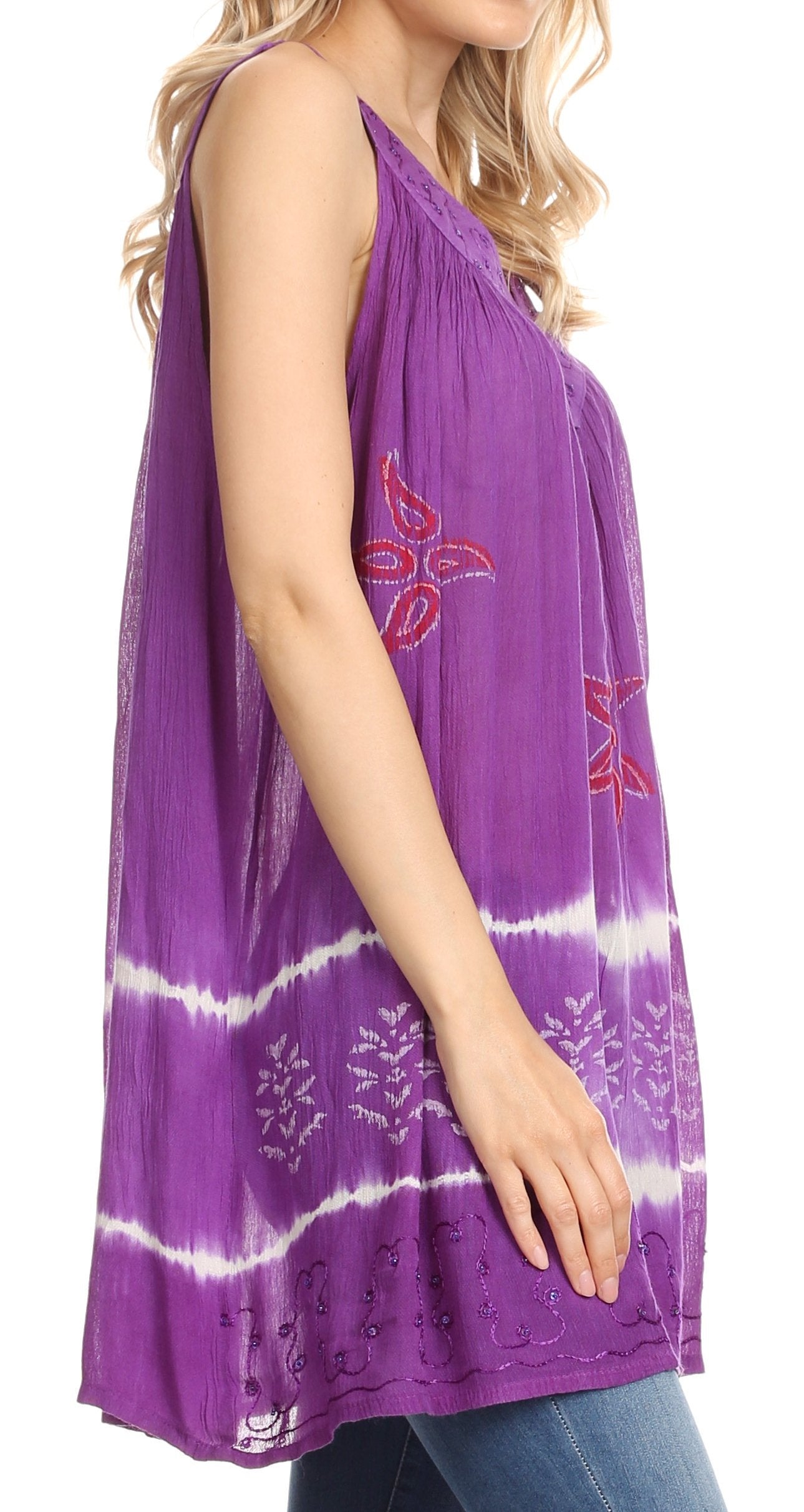 Sakkas Ruth Sequin Embroidered Batik Relaxed Fit Sleeveless V-Neck Top - Concordia Style Boutique