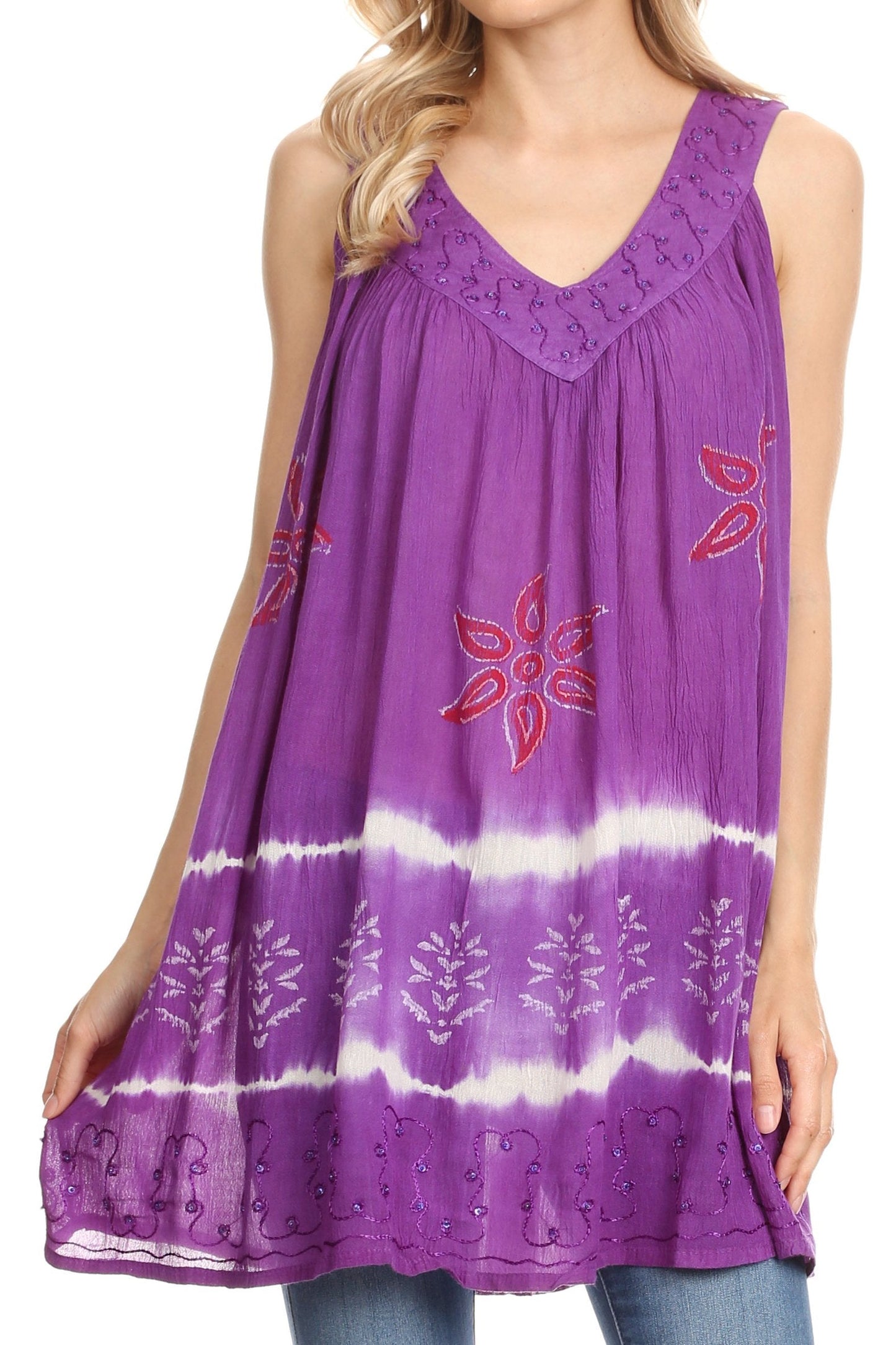 Sakkas Ruth Sequin Embroidered Batik Relaxed Fit Sleeveless V-Neck Top - Concordia Style Boutique