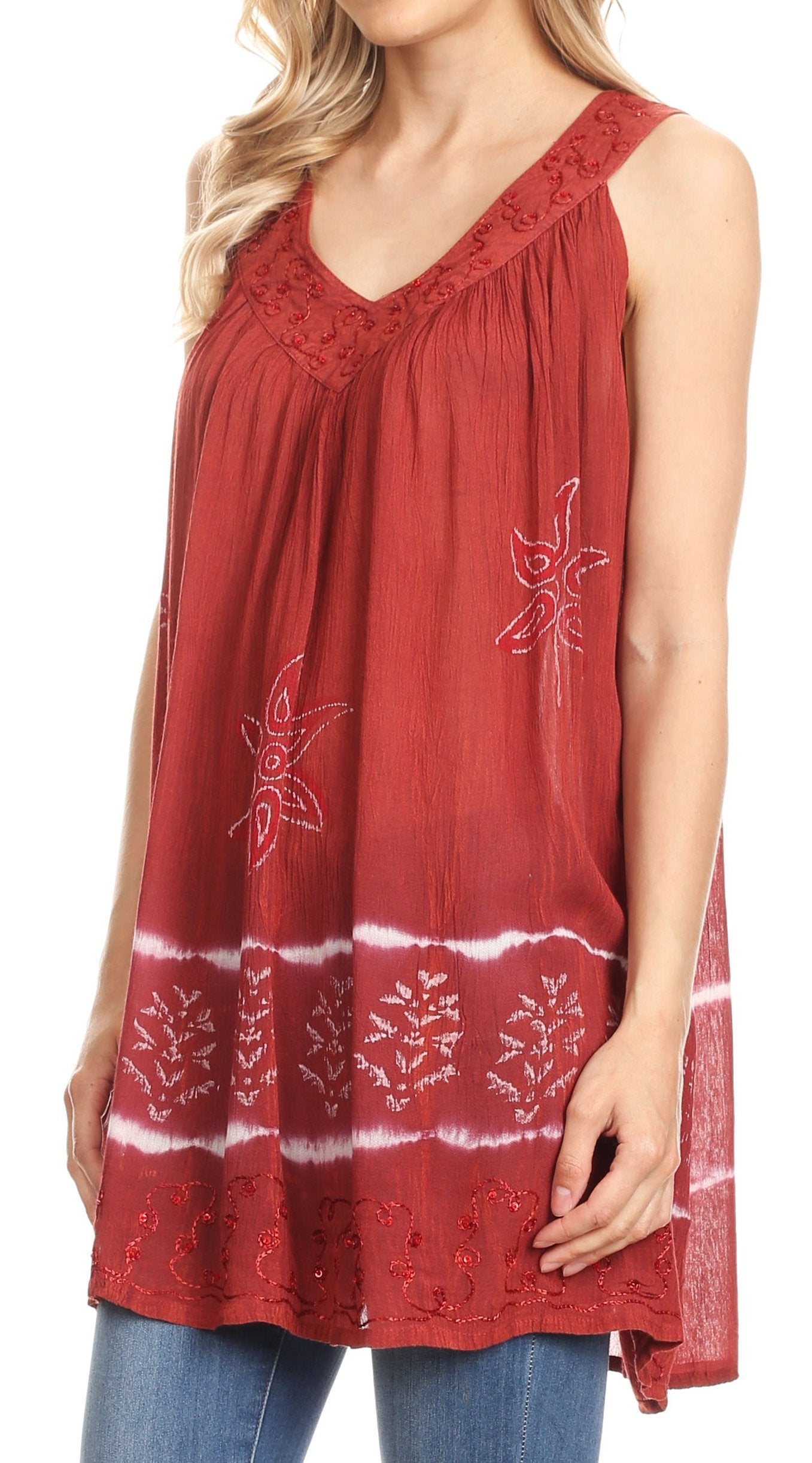 Sakkas Ruth Sequin Embroidered Batik Relaxed Fit Sleeveless V-Neck Top - Concordia Style Boutique