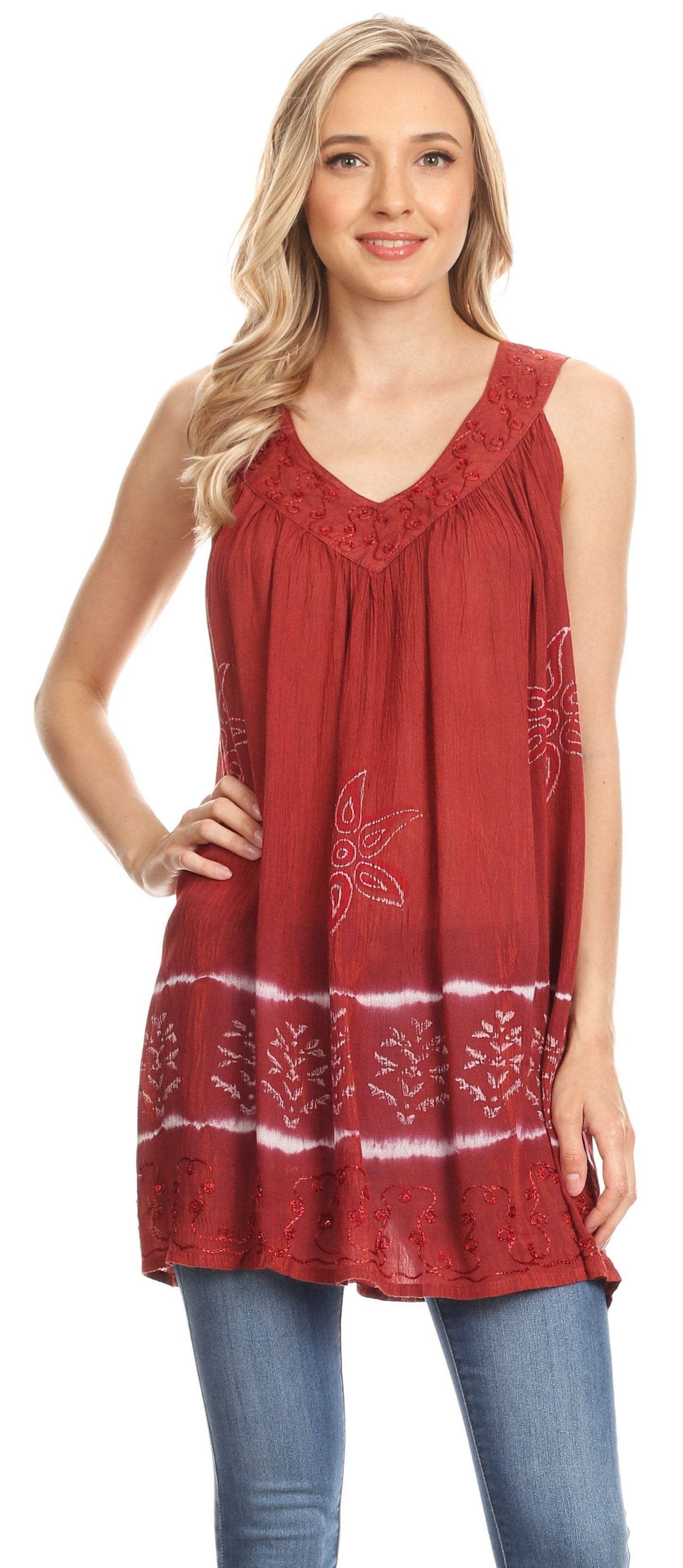 Sakkas Ruth Sequin Embroidered Batik Relaxed Fit Sleeveless V-Neck Top - Concordia Style Boutique