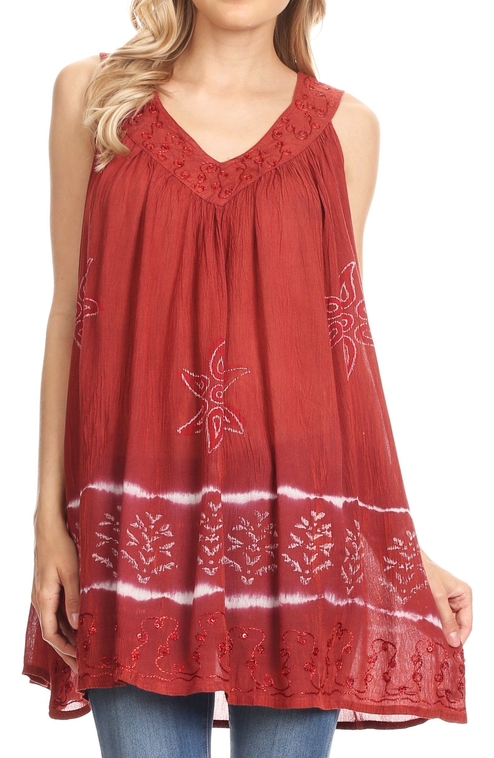 Sakkas Ruth Sequin Embroidered Batik Relaxed Fit Sleeveless V-Neck Top - Concordia Style Boutique