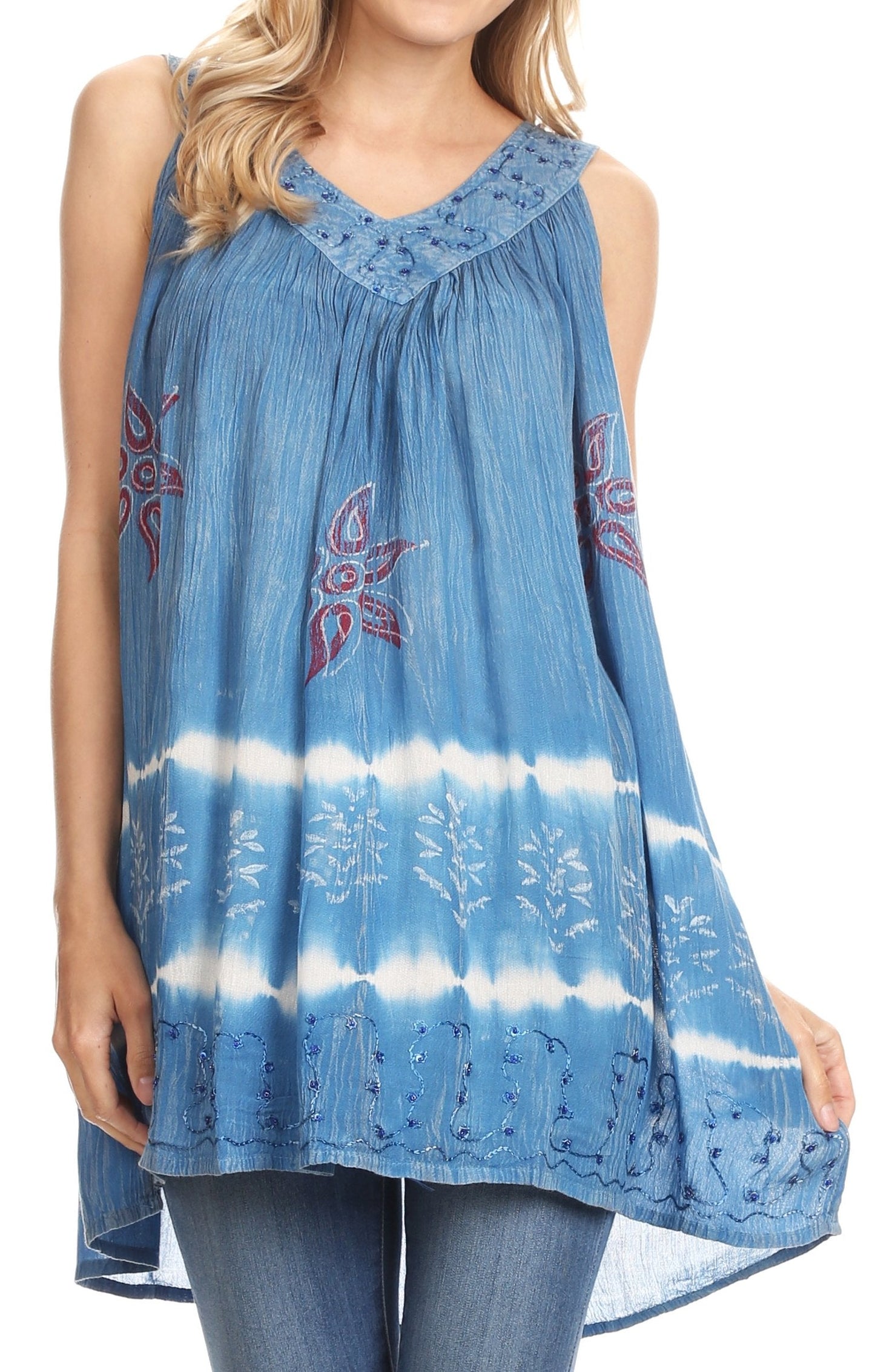 Sakkas Ruth Sequin Embroidered Batik Relaxed Fit Sleeveless V-Neck Top - Concordia Style Boutique