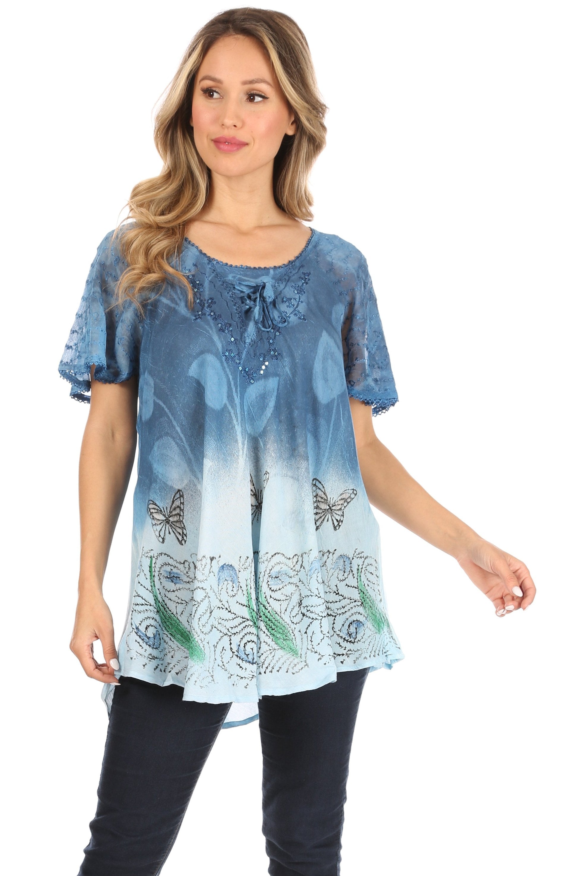 Sakkas Petra Women's Casual Loose Flared Corset Short Sleeve Lace Blouse Top Tunic - Concordia Style Boutique
