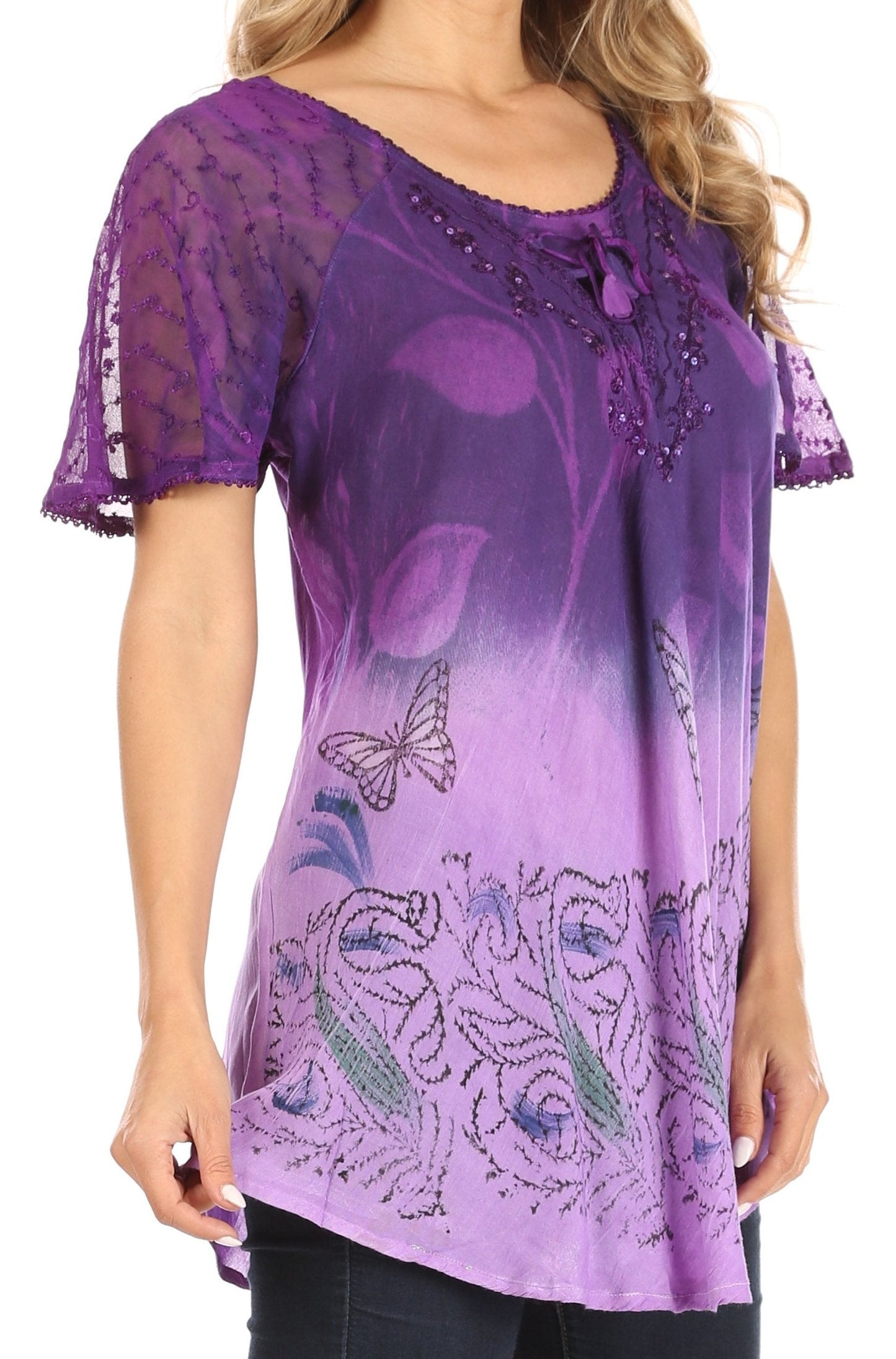 Sakkas Petra Women's Casual Loose Flared Corset Short Sleeve Lace Blouse Top Tunic - Concordia Style Boutique