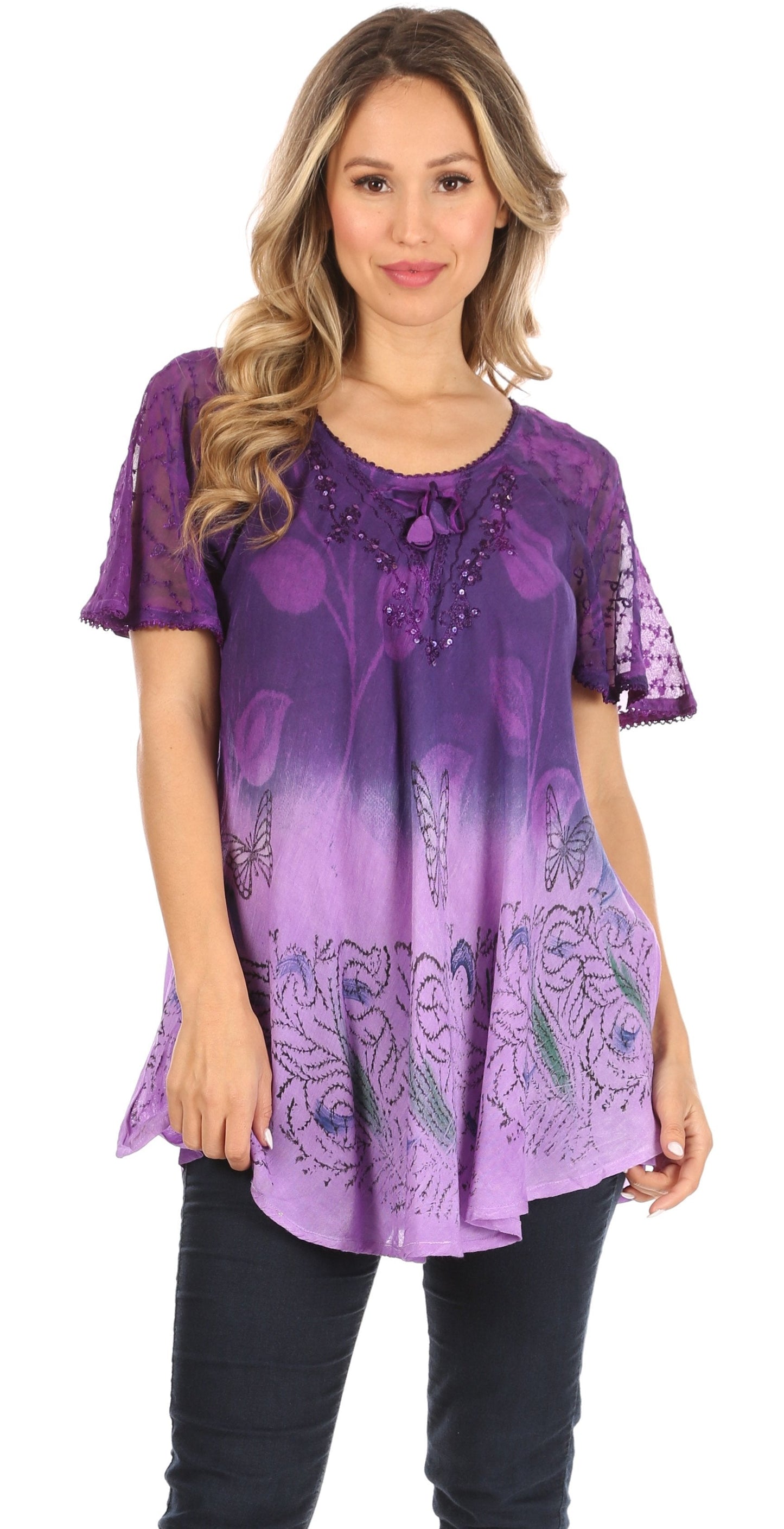 Sakkas Petra Women's Casual Loose Flared Corset Short Sleeve Lace Blouse Top Tunic - Concordia Style Boutique