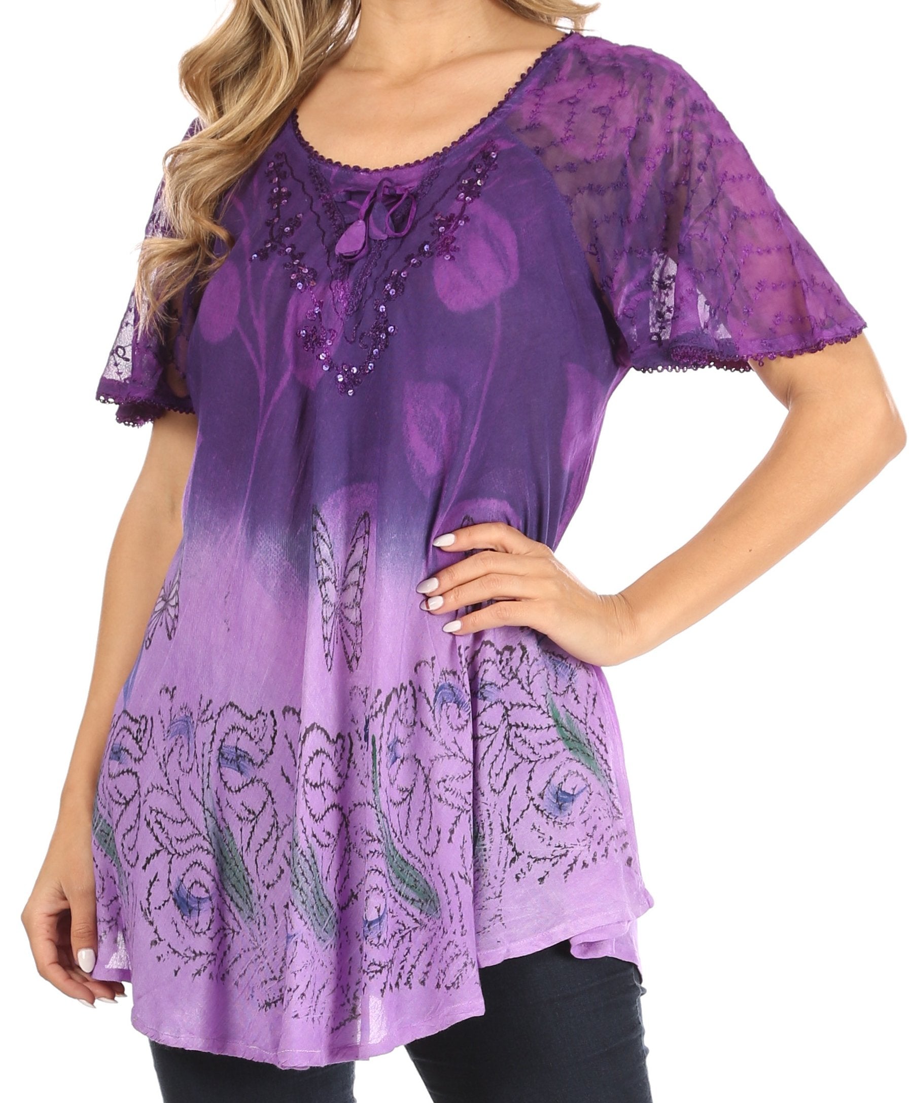 Sakkas Petra Women's Casual Loose Flared Corset Short Sleeve Lace Blouse Top Tunic - Concordia Style Boutique