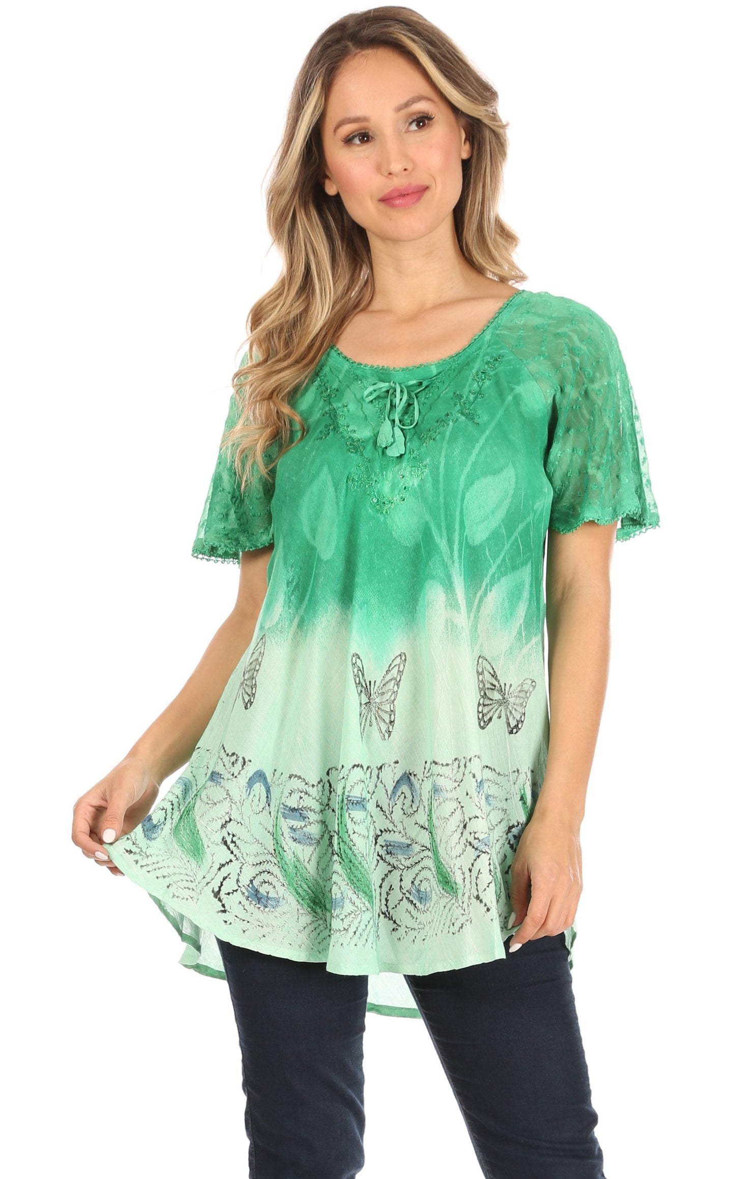 Sakkas Petra Women's Casual Loose Flared Corset Short Sleeve Lace Blouse Top Tunic - Concordia Style Boutique