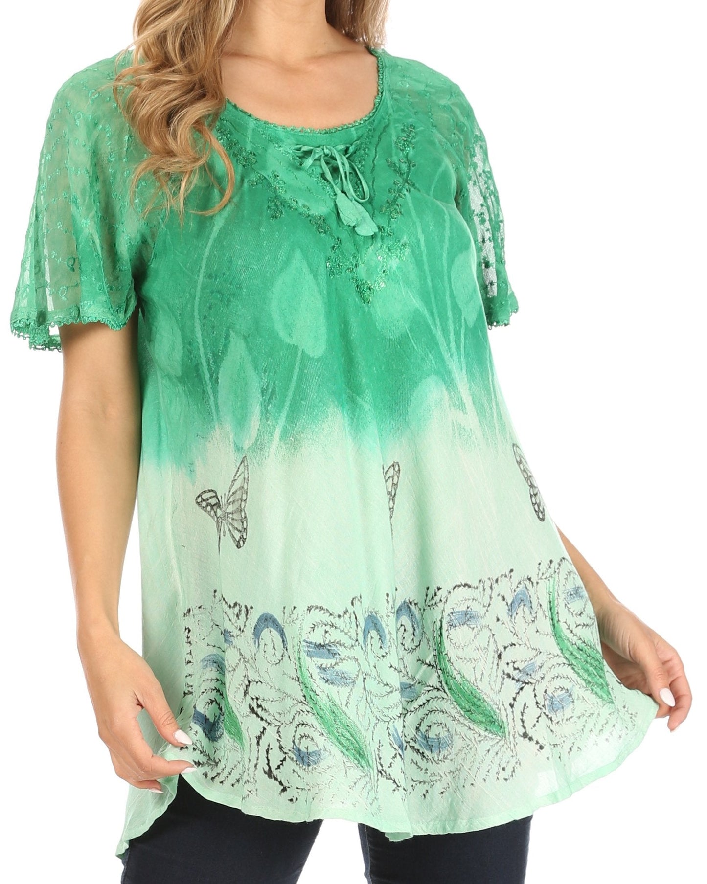 Sakkas Petra Women's Casual Loose Flared Corset Short Sleeve Lace Blouse Top Tunic - Concordia Style Boutique