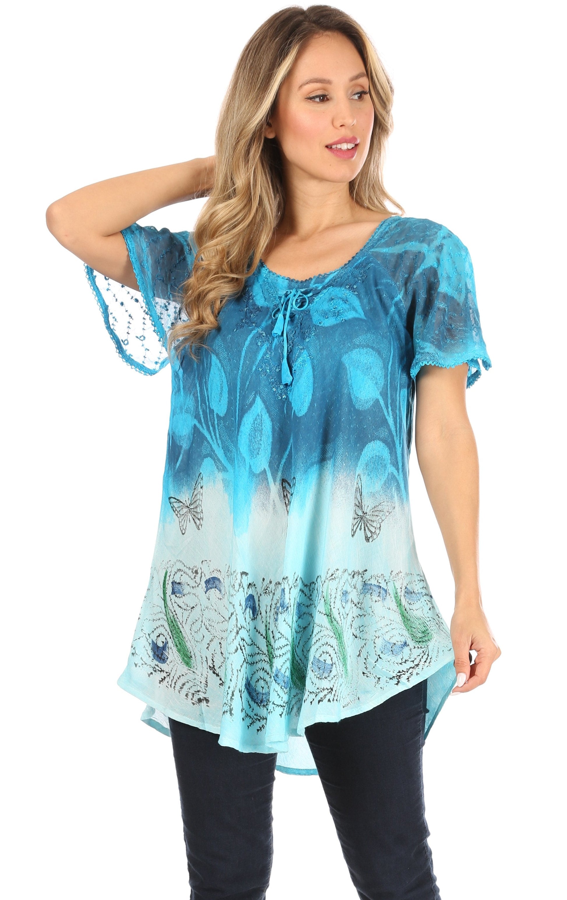 Sakkas Petra Women's Casual Loose Flared Corset Short Sleeve Lace Blouse Top Tunic - Concordia Style Boutique