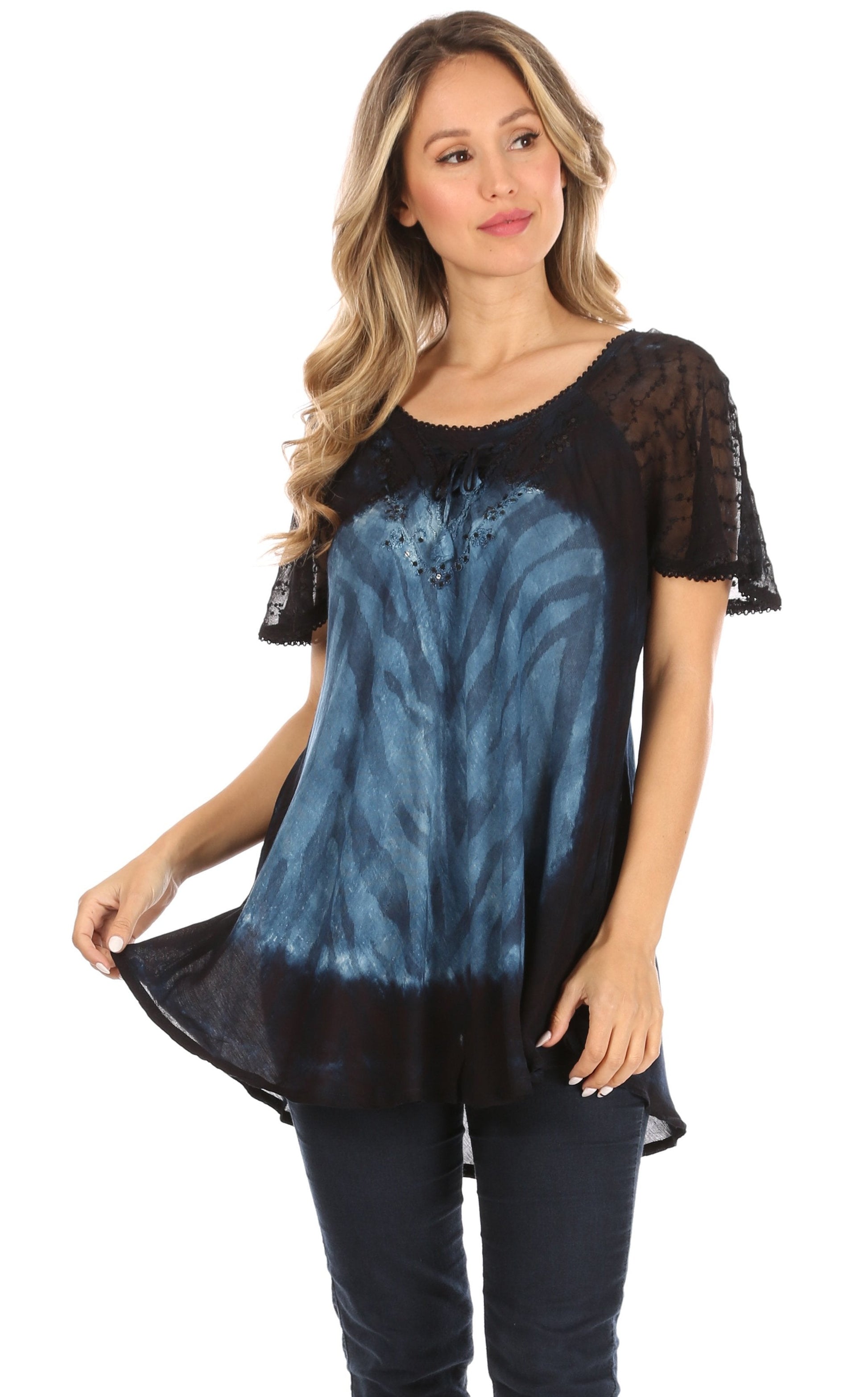 Sakkas Petra Women's Casual Loose Flared Corset Short Sleeve Lace Blouse Top Tunic - Concordia Style Boutique